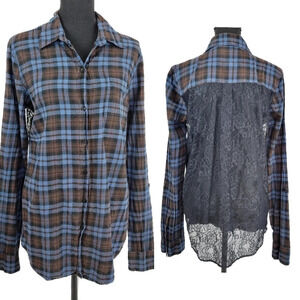 PINK VICTORIA'S SECRET Blue Brown Button Down TopLace Back